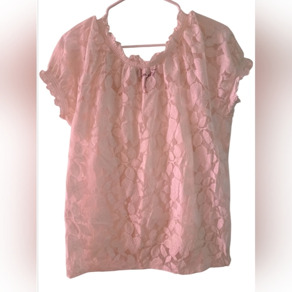 Trulli Womens Cream Short Sleeve Sheer Lace Blouse With Tie Front (Size L) - Picture 2 of 5